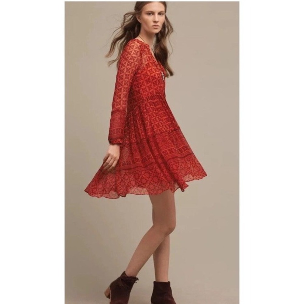 Anthropologie Maeve Canna Swing Dress 8 Red Pink Cupro Boho Tiered Mini Romantic